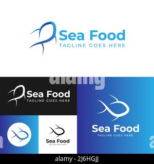 Logo Sea food. Fish Logo.Vector Illustration.colore nero, blu e bianco. Illustrazione Vettoriale