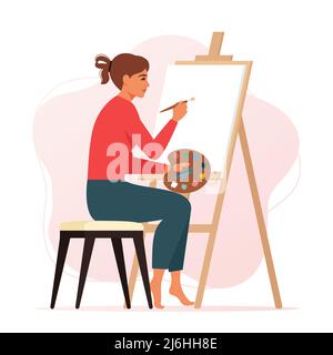 Donna artista che attingono al cavalletto in studio o a casa. Illustrazione vettoriale piatta Illustrazione Vettoriale