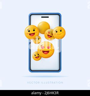 Carino sorridente Emoji diverso sul telefono cellulare. 3D illustrazione vettoriale in stile cartoon minimal Illustrazione Vettoriale
