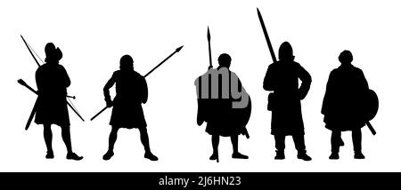 Illustrazione della silhouette dei cavalieri medievali. Set di guerrieri isolati. Foto Stock