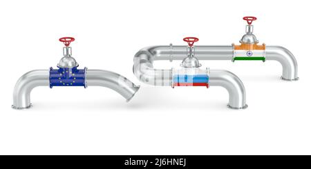 Gasdotto tra Russia e India invece della CE su sfondo bianco. Illustrazione 3D isolata Foto Stock