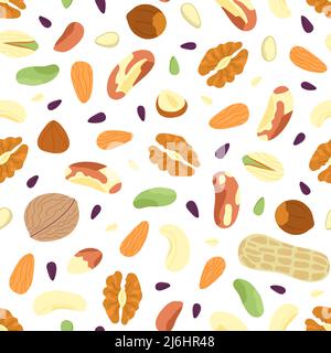 Schema senza giunzioni NUTS. Mix astratto semi, ingredienti crudi, frutta secca e noci. Stampe di cibo vegano fresco, fagioli, nocciola decente sfondo vettoriale Illustrazione Vettoriale