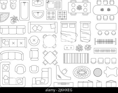 Vista dall'alto dell'arredamento. Progettazione schemi di decorazione per interni moderni interni interni camere disegno mobili vettore recente contorno strumenti appartamento Illustrazione Vettoriale