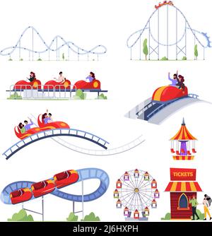 Parco delle montagne russe. I personaggi dell'avventura di divertimento si divertiranno con l'attività delle montagne russe che cavalcano il set di cartoni animati vettore garish Illustrazione Vettoriale