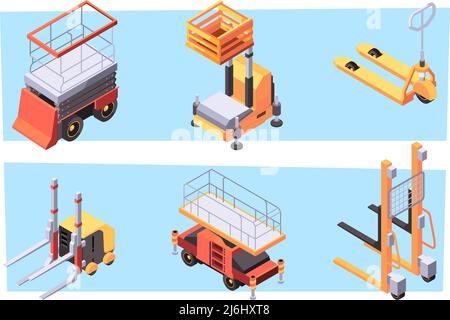 Piattaforme di sollevamento. I veicoli per i processi di costruzione della casa garish vettore isometric piattaforme Illustrazione Vettoriale