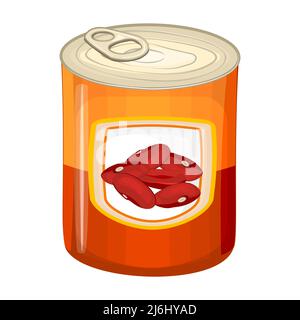 Lattina di fagioli rossi. Zuppa in scatola, stufata o condensata di aricocca marrone in lattina metallica. Conservare il cibo con fagioli al forno. Tinned adzuki bean.Vector Illustrazione Vettoriale