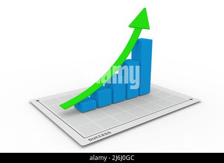 3D grafico che salirà con freccia verde sul piano di successo Foto Stock