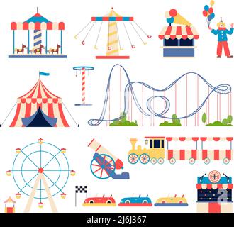 Elementi del parco divertimenti. Attrazioni di Carnevale, montagne russe per bambini e giostra. Auto da corsa, ruota di ferro e altalena. Elementi del parco giochi e clown Illustrazione Vettoriale