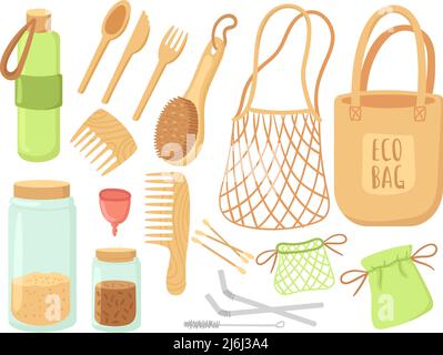 Zero sprechi. Cucchiaio da cucina e forchetta di bambù, cernita contenitori di vetro per alimenti. Utensili riutilizzabili in plastica e legno. Elementi eco per un pianeta pulito, pulito Illustrazione Vettoriale