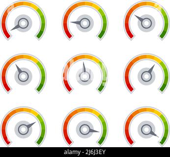 Misuratore piatto. Tachimetro, punteggi di qualità colorati. Pressione o velocità, credito o stress rate. Vettore esatto di feedback isolato o infografica dell'umore Illustrazione Vettoriale