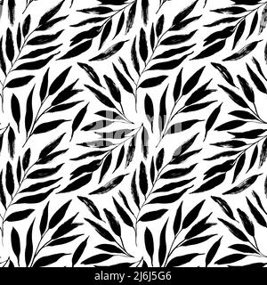 Disegno a mano nero foglie vettoriali motivo senza giunture. Illustrazione Vettoriale