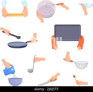 Utensili da cucina con supporto manuale. Mani con utensili da cucina per la cottura degli alimenti, cucchiaio coltelli utensili mixer frusta pentola mestolo, chef raccolta strumenti illustrazione vettoriale. Utensili da cucina, attrezzature da cucina Illustrazione Vettoriale