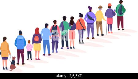 Coda del supporto posteriore. Coda persone folla lunga fila in bagno pubblico, gruppo persona in attesa di acquistare biglietto aeroporto, in piedi registrazione shopping personaggio, garish vettore illustrazione Illustrazione Vettoriale