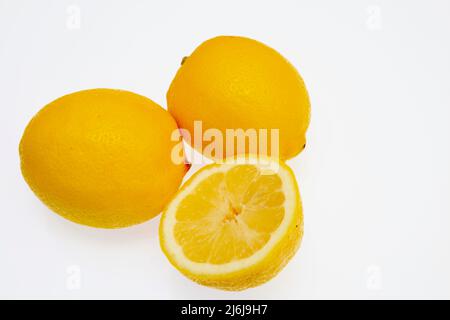 Limoni su sfondo bianco Maggio 2022 Foto Stock