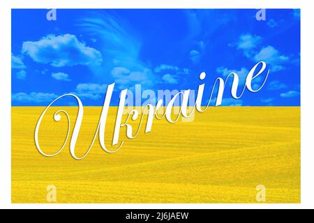 Bandiera dell'Ucraina raffigurante un cielo blu tranquillo con nuvole bianche e un campo seminato. L'aggressione militare della Russia contro l'Ucraina. Guerra, nessuna guerra in Ucraina Foto Stock