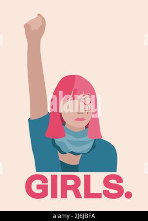 Libertà femminista donna sollevato pugno. Femminismo, simbolo del potere della ragazza in illustrazione vettoriale piatta per la Giornata Internazionale delle Donne Illustrazione Vettoriale