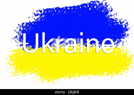 Bandiera dell'Ucraina raffigurante un cielo blu tranquillo con nuvole bianche e un campo seminato. L'aggressione militare della Russia contro l'Ucraina. Guerra, nessuna guerra in Ucraina Foto Stock