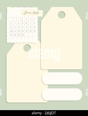 Giugno 2022 Calendario modello promemoria. Elenco delle cose da fare, scrapbooking, note, piani, stile vintage. Illustrazione vettoriale Illustrazione Vettoriale