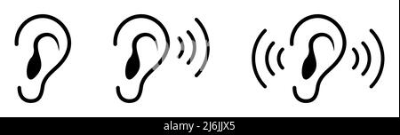 Auricolare, set di icone per l'udito. Stile line art. Illustrazione vettoriale isolata su backgroun bianco Illustrazione Vettoriale