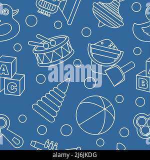 Modello con vari tipi di giocattoli dettagliati isolati su sfondo blu. Illustrazione Vettoriale