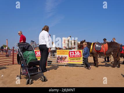 Giro in asino per bambini sulla spiaggia di Skegness, Lincolnshire, Regno Unito Foto Stock