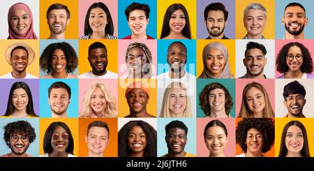 Mosaico di ritratti di persone felici di diverse età e nazionalità Foto Stock