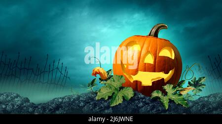 La zucca del cimitero di Spooky e il cimitero cupo scuro come sfondo della tomba di Halloween infestato creepy di notte con 3D elementi di resa. Foto Stock