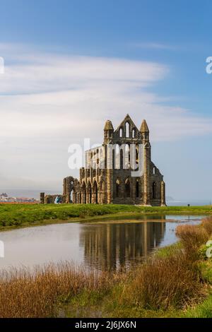 Whitby Abbey con riflessione nel lago a Whitby, Yorkshire, Regno Unito nel mese di aprile Foto Stock