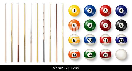 Palline da biliardo colorate con numeri e vari spunti da piscina. Palla snooker lucida. Attrezzature sportive. Illustrazione vettoriale. Illustrazione Vettoriale