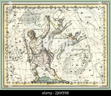 Costellazione Canes Venatici, latino per cani da caccia. Sono i cani di Bootes, il mandriano. Il cane del sud di nome Chara, preso dalla parola greca per gioia. Il cane del nord si chiama Asterion, che significa piccola stella, ed è composto da una marmellata di piccole stelle. I cani si trovano tra Bootes e l'Orsa maggiore, che si tirano al guinzaglio e si fermano ai piedi del grande orso. Jamieson Celestial Atlas-Plate 7 1800s litografia da un atlante celeste comprendente una visualizzazione sistematica del cielo in una serie di trenta mappe. Foto Stock