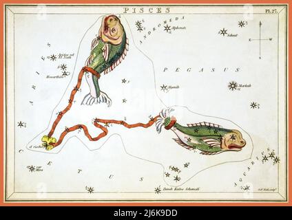 'Pesci' Star Sign Vintage 1800s Illustrazione, piatto 27 nello specchio di Urania, un set di carte celesti accompagnate da un noto trattato sull'astronomia ... di Giosafat Aspin. Londra. Grafico astronomico, 1 stampa su carta stratificata : incisione, a mano. Sala Sidney - Specchio di Urania - Pesci 1825 Foto Stock