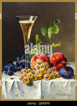 CHAMPAGNE FLUTE & FRUTTA Still life by Emile Preyer con bicchiere di champagne e uva frutta prugne & pesche olio pittura e casa volare su tovaglia, olio su tela di Emile Preyer artista 1849-1930 Foto Stock