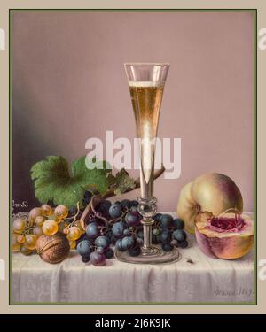 Vintage Champagne flauto vetro e frutta con uva noce pesca e melone, con una casa volare sulla pianura tovaglia ancora vita dipinto datato 1869 da i Wilms Artist Foto Stock