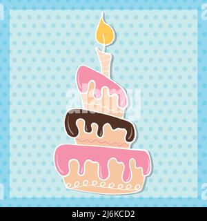 Torta di compleanno colorata con candela. Illustrazione del contorno disegnata a mano utilizzando la grafica del doodle Illustrazione Vettoriale