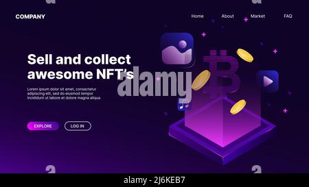 Modello di progettazione Web isometrico. Landing page per NFT Marketplace. Illustrazione vettoriale Illustrazione Vettoriale