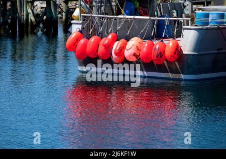 Attrezzi da pesca colorati (galleggianti) sulla poppa di un peschereccio da traino a Capo Cod al Sandwich Marina, USA. Foto Stock