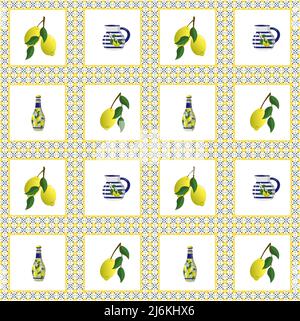 Modello con limoni e caraffa mosaico italiani. Illustrazione vettoriale con ornamenti quadrati. Illustrazione Vettoriale