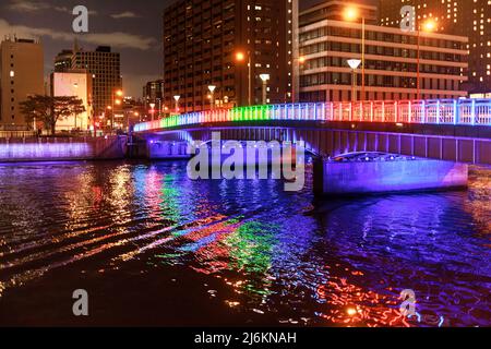 Colorato ponte sul fiume nel centro della città di notte Foto Stock