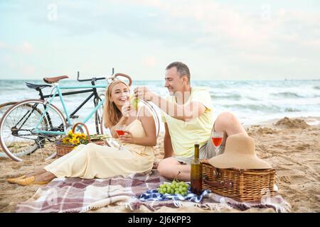 Coppia matura con picnic vicino al mare il giorno d'estate Foto Stock