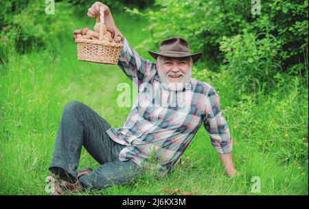 Buon nonno con funghi in buco caccia fungo. Raccolta funghi selvatici. Caccia ai funghi. Foto Stock