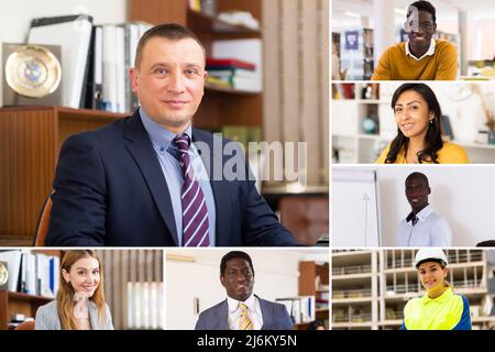 Collage di ritratti di gruppo di età mista di professionisti aziendali focalizzati Foto Stock