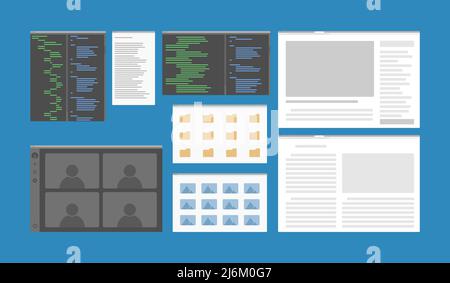 desktop app finestra impostare programmazione browser video conferenza cartella vettore illustrazione piatta Illustrazione Vettoriale