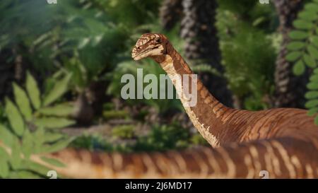 Plateosaurus engelhardti, dinosauro dell'epoca tardo triassica in una foresta di felci Foto Stock