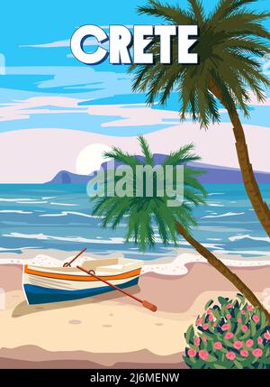 Viaggio a Creta Poster, mare greco, spiaggia, palme, barca, Poster, paesaggio mediterraneo. Stile vintage Illustrazione Vettoriale