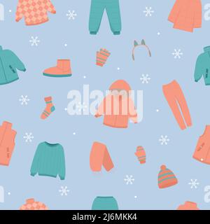 Bel set di abbigliamento invernale, grande design per qualsiasi scopo. Illustrazione vettoriale piatta. Ripetizione senza giunture. Illustrazione Vettoriale
