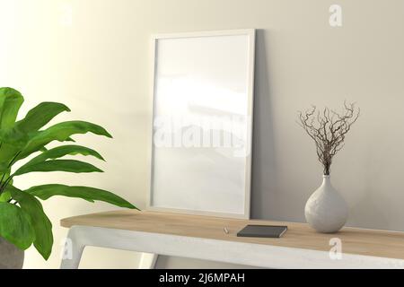 Cornice bianca verticale su scrivania in legno. 3d rendering Foto Stock