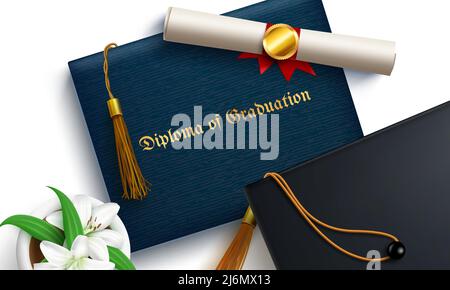 Diploma di laurea concetto vettoriale. Diploma di laurea in titolare del certificato con 3D cappellino e tasselli per l'università. Illustrazione Vettoriale