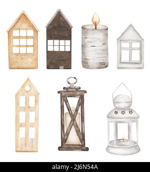 Acquerello decorazione natalizia set di clipart, illustrazione candela, arredamento casa inverno clip art, stampa lanterna Foto Stock