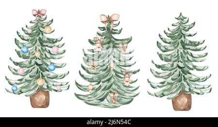 Acquerello albero di Natale con giocattoli decorazione clipart set, illustrazione d'inverno, cute decorazione clip art, stampa di biglietti Foto Stock