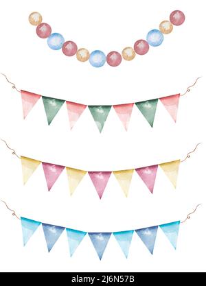 Acquerello partito decorazione clipart set, bandiere colorate illustrazione, bambini compleanno decorazione clip art Foto Stock